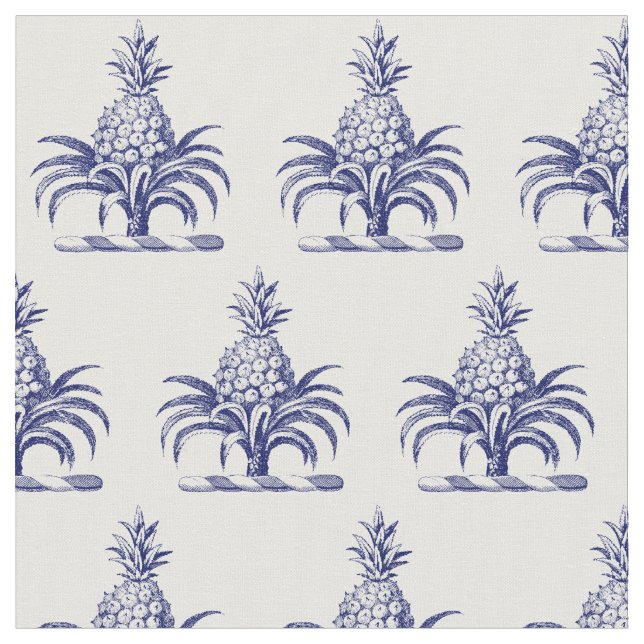 Preppy Heraldic Blue Pineapple Coat of Arms Crest Fabric (Close Up)