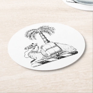 Preppy Heraldic Camel Palm Tree Coat of Arms Round Paper Coaster