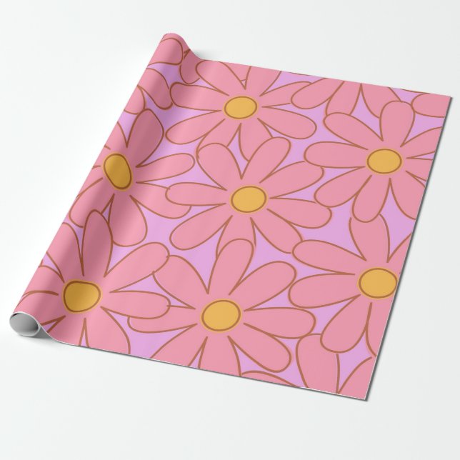 Preppy Hippie Pink Purple Flower Pattern Wrapping Paper (Unrolled)