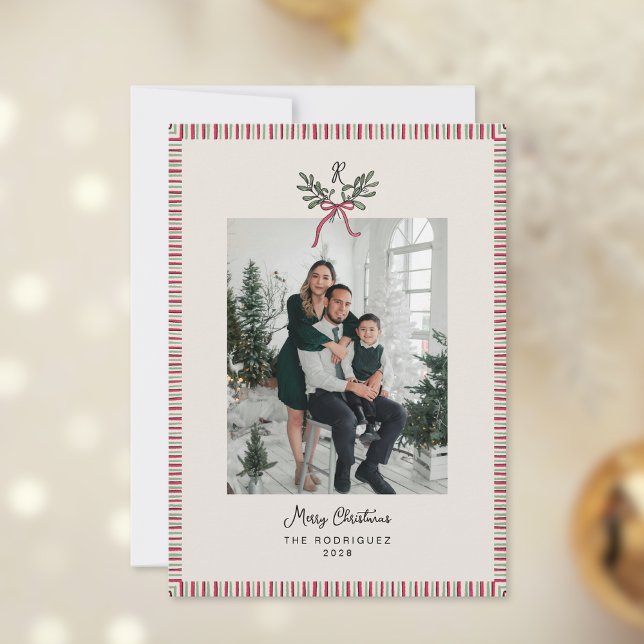 Preppy Holiday Card with Monogram and Family Photo (Creator Uploaded)
