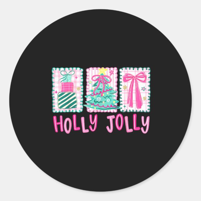 Preppy Holly Xmas Jolly Coquette Bow Christmas Tre Classic Round Sticker (Front)