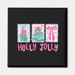 Preppy Holly Xmas Jolly Coquette Bow Christmas Tre Magnet