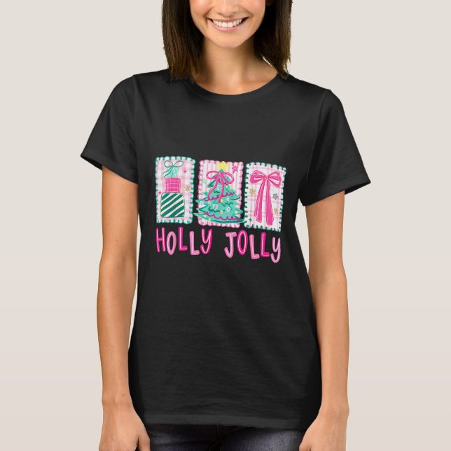 Preppy Holly Xmas Jolly Coquette Bow Christmas Tre T-Shirt (Front)