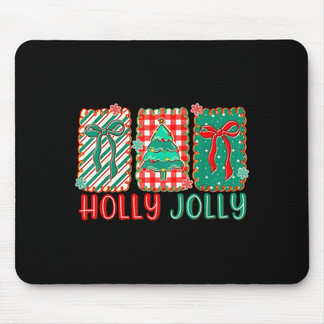 Preppy Holly Xmas Jolly Vibes Bow Christmas Girl W Mouse Pad (Front)