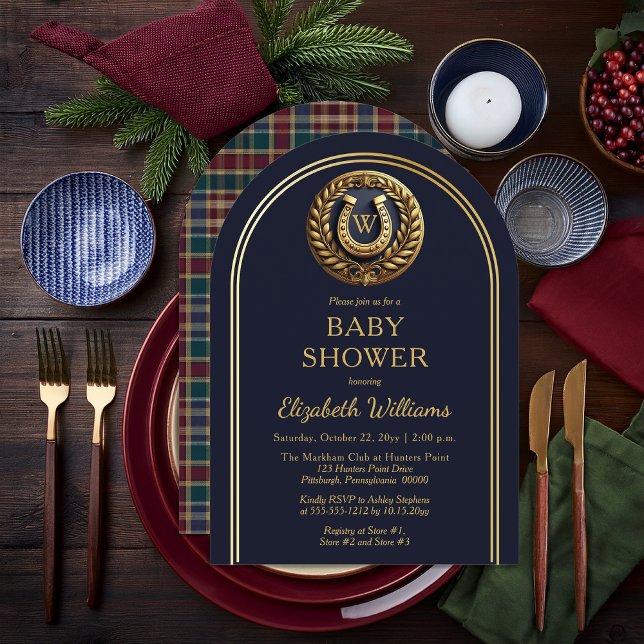 Preppy Horseshoe Plaid Monogram Baby Shower Invitation (Equestrian Emblem Monogram Preppy Navy Blue and Plaid Boy Baby Shower Arched Invitation )