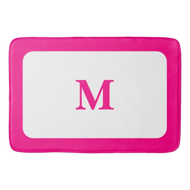 Preppy Hot Pink Elegant Minimal Framed Initial Bath Mat (Front)