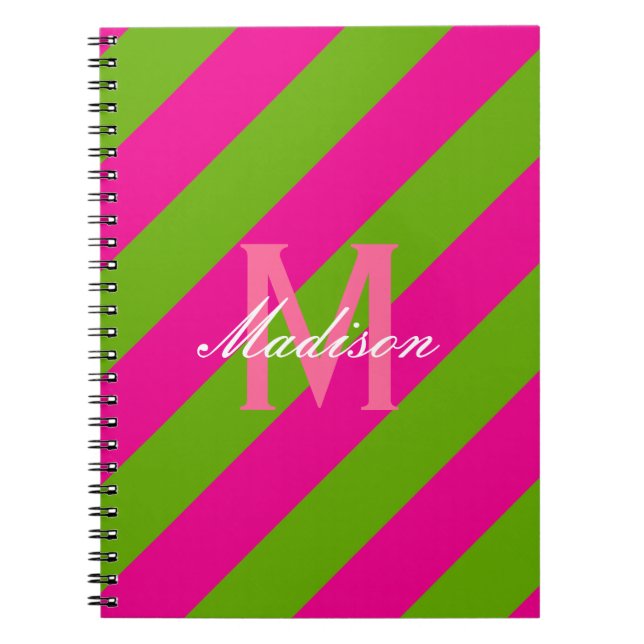 Preppy Hot Pink & Lime Green Striped Monogram Spiral Notebook (Front)