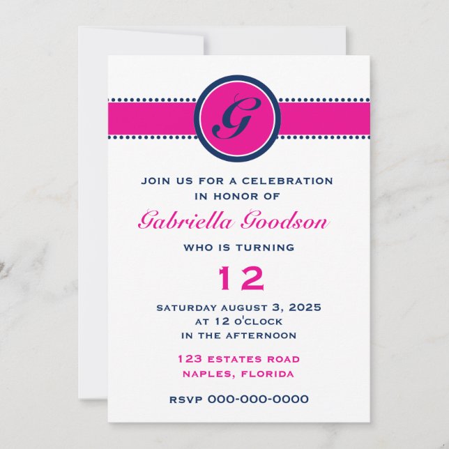 Preppy Hot Pink & Navy Blue Monogram Invitation (Front)