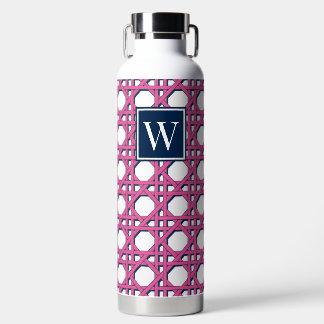 Preppy Hot Pink Rattan Cane Lattice Monogram Water Bottle