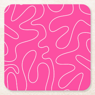 Preppy Hot Pink Squiggle Abstract Square Paper Coaster