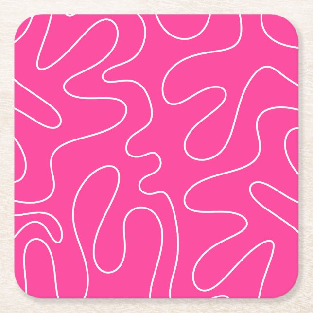 Preppy Hot Pink Squiggle Abstract Square Paper Coaster (Front)