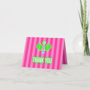 Preppy Hot Pink Stripes Neon Lime Green Pickleball Thank You Card