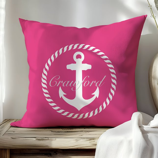 Preppy Hot Pink & White Nautical Anchor Monogram Cushion (Creator Uploaded)