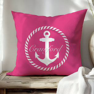 Preppy Hot Pink & White Nautical Anchor Monogram Cushion