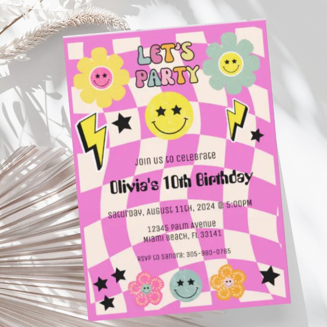 Preppy Hot Pink Y2K Happy Face Party Birthday Invitation (Creator Uploaded)