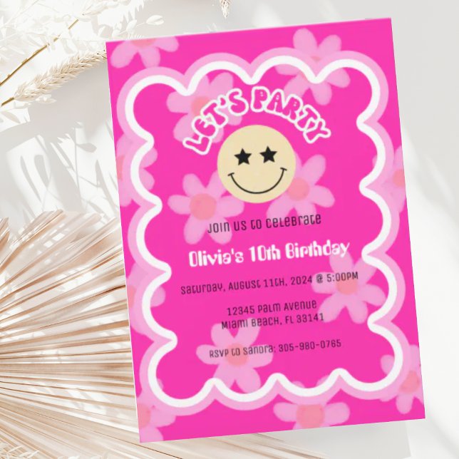 Preppy Hot Pink Y2K Happy Face Party Birthday Invitation (Creator Uploaded)