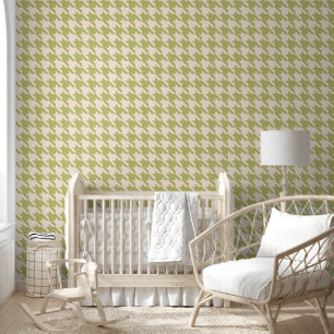 Preppy Houndstooth in Cream and Olive Green Wallpaper