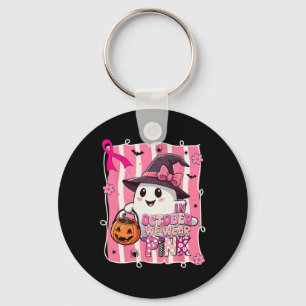 Preppy In October We Wear Pink Ghost Breast Cancer Key Ring