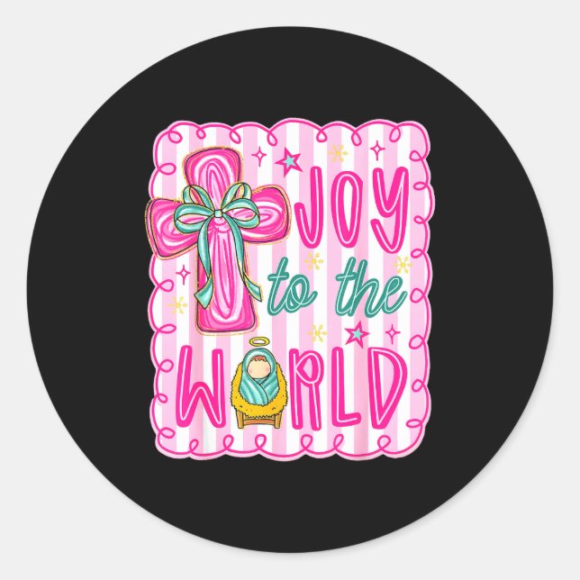 Preppy Joy To The World Christian Christmas Cross  Classic Round Sticker (Front)
