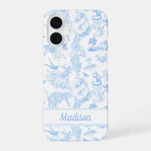 Preppy Jungle Chinoiserie Toile in Light Blue iPhone 16 Case