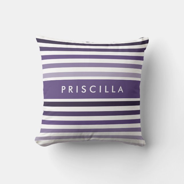 Preppy Large Striped Pattern With Name in Purple Cushion (Front)