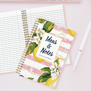 Preppy Lemon Blossom Floral Pink Striped Notebook