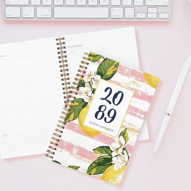 Preppy Lemon Blossom Floral Pink Striped Planner (Creator Uploaded)