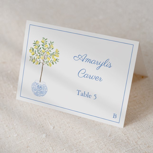 Preppy Lemon Tree Wedding Shower Place Card (Individual place cards for wedding or baby boy shower featuring lemon tree in chinoiserie planter)