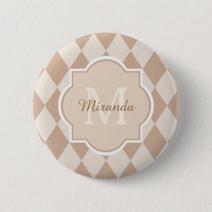 Preppy Light Brown Argyle Girly Monogram and Name 6 Cm Round Badge