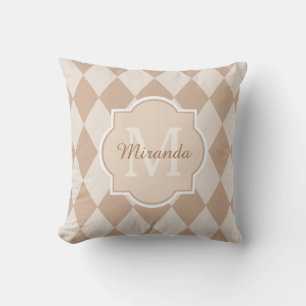 Preppy Light Brown Argyle Girly Monogram and Name Cushion