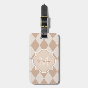 Preppy Light Brown Argyle Girly Monogram and Name Luggage Tag