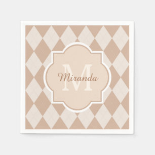 Preppy Light Brown Argyle Girly Monogram and Name Napkin
