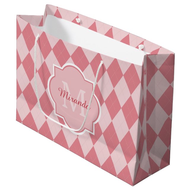 Preppy Light Pink Argyle Girly Monogram and Name Large Gift Bag (Front Angled)