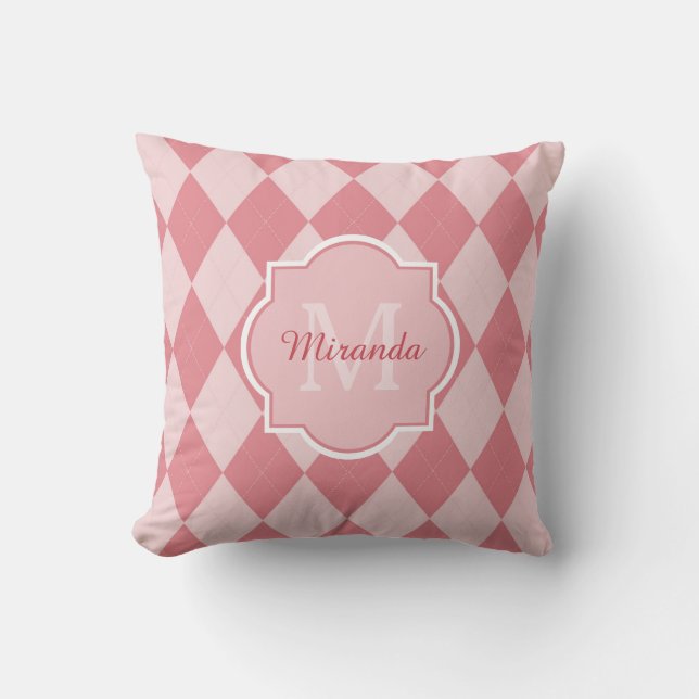 Preppy Light Pink Argyle Girly Monogram Girl Name Cushion (Front)