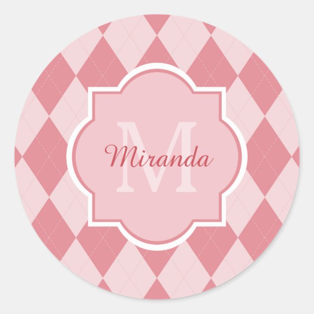 Preppy Light Pink Argyle Girly Monogram Party Name Classic Round Sticker (Front)