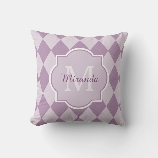 Preppy Light Purple Argyle Girly Monogram and Name Cushion (Front)