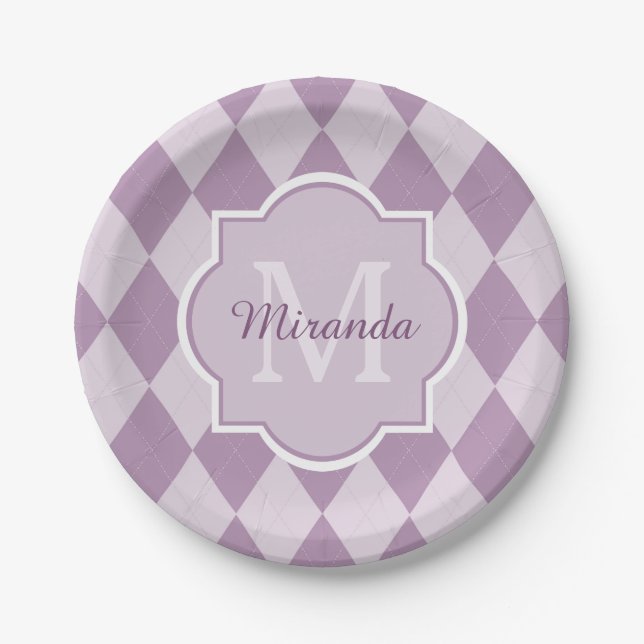 Preppy Light Purple Argyle Girly Monogram and Name Paper Plate (Front)