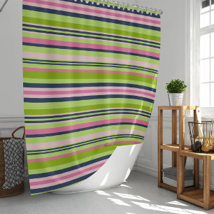 Preppy Lime Green, Pink and Navy Stripe Shower Curtain