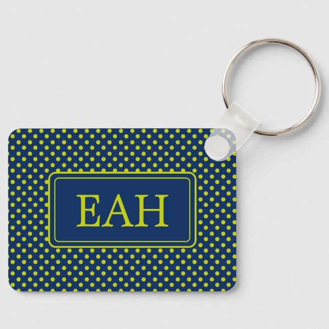 Preppy Lime Green Polka Dot on Navy Blue Monogram Key Ring (Front)