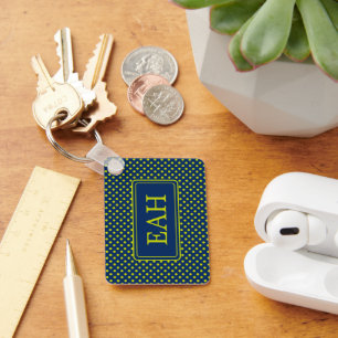 Preppy Lime Green Polka Dot on Navy Blue Monogram Key Ring