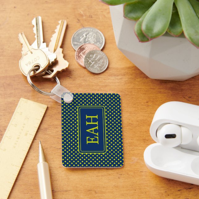 Preppy Lime Green Polka Dot on Navy Blue Monogram Key Ring (Desk)