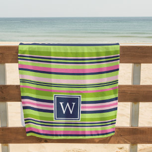 Preppy Lime, Pink &  Navy Stripe Monogram Beach Towel
