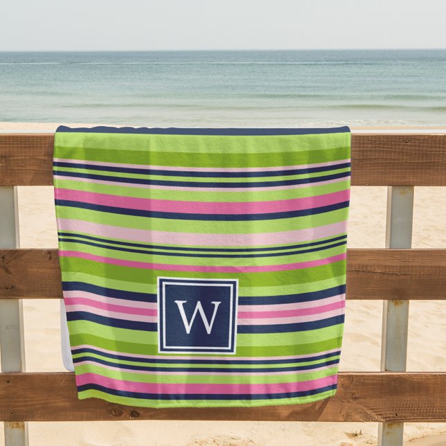 Preppy Lime, Pink &  Navy Stripe Monogram Beach Towel (Creator Uploaded)
