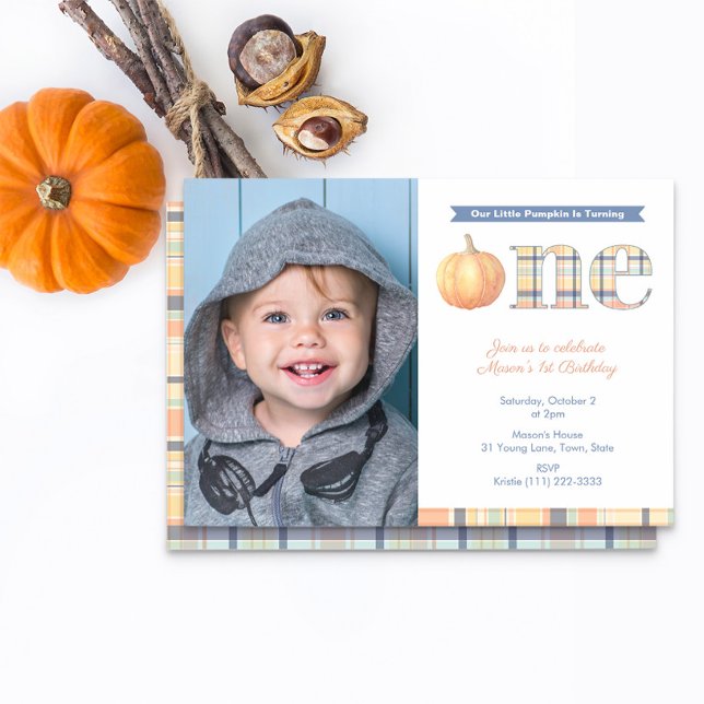 Preppy Little Pumpkin 1st Birthday Party Invitation (Smart 1st birthday party for boy picture invitation with a fall pumpkin madras plaid theme)