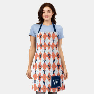 Preppy Lobster Argyle - Coral & Navy Monogram Apron