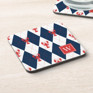 Preppy Lobster Argyle Red & Navy Monogram Coaster