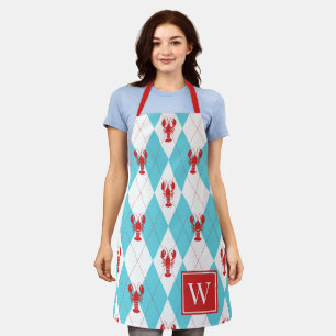 Preppy Lobster Argyle - Red & Turquoise Monogram Apron