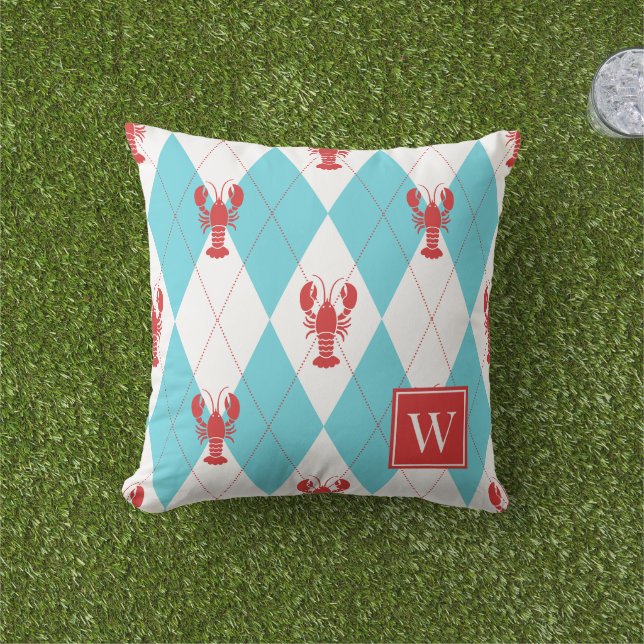 Preppy Lobster Argyle Red & Turquoise Monogram Cushion (Grass)
