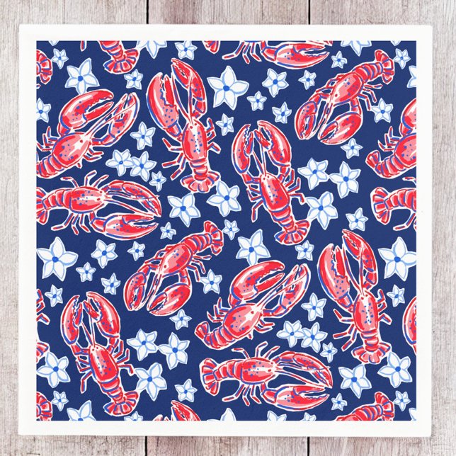 Preppy Lobster Flower Red Navy Pattern  Napkin (Creator Uploaded)