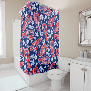 Preppy Lobster Flower Red Navy Pattern  Shower Curtain